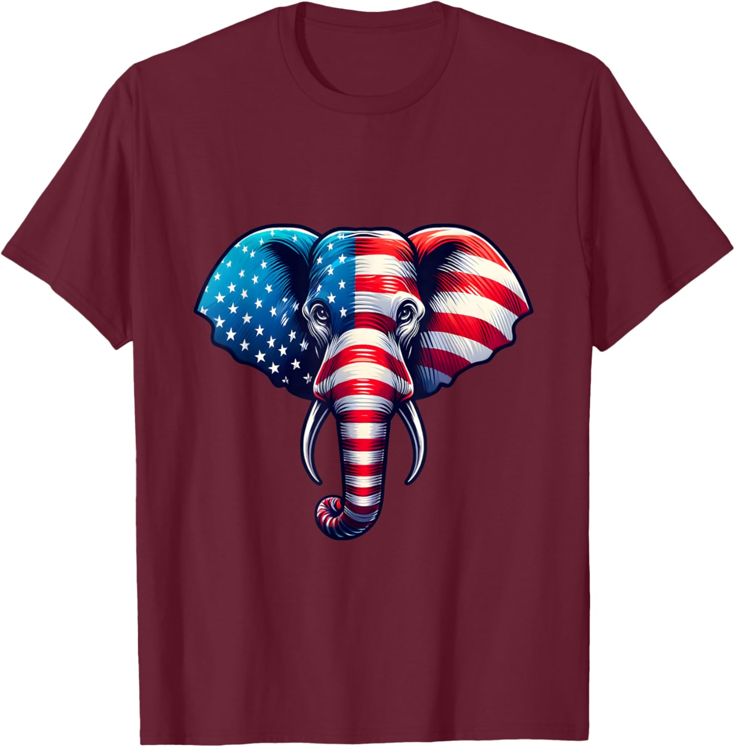 American Flag Elephant 4th of July Patriotic Elephant Face T-Shirt - T-Shirt | Maroon