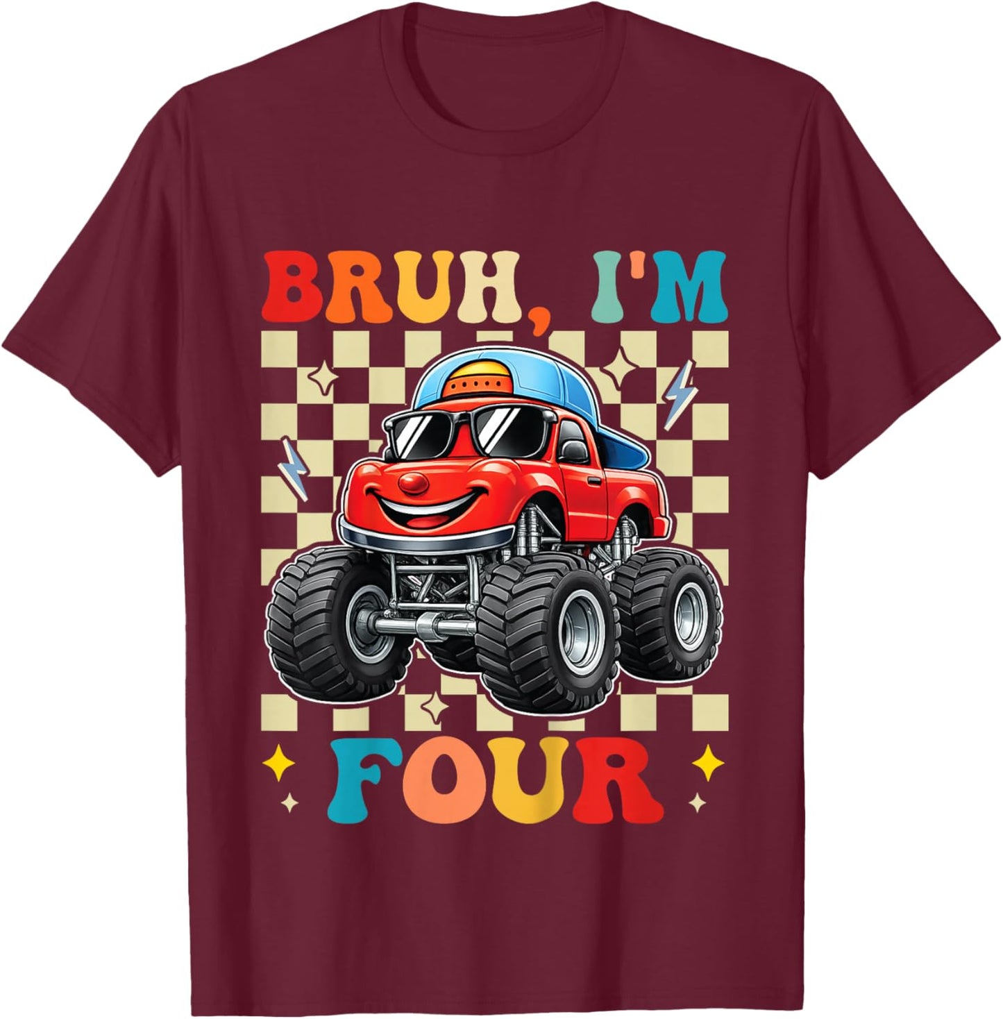 4th Birthday Monster Truck 4 Year Old Boys 4th Party Boys T-Shirt - T-Shirt | Maroon