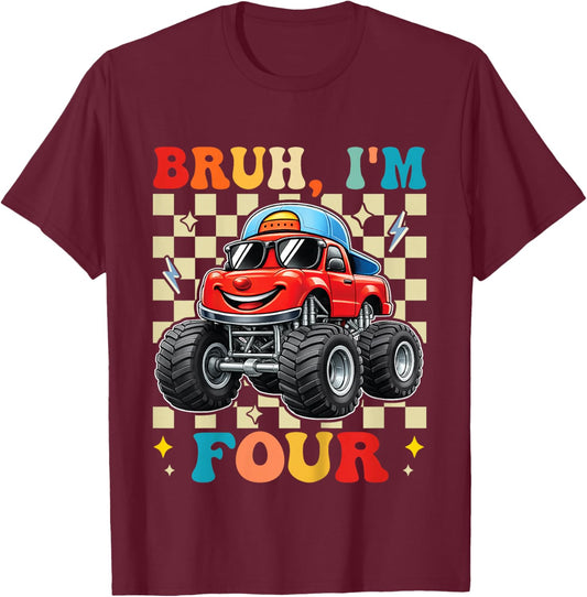 4th Birthday Monster Truck 4 Year Old Boys 4th Party Boys T-Shirt - T-Shirt | Maroon