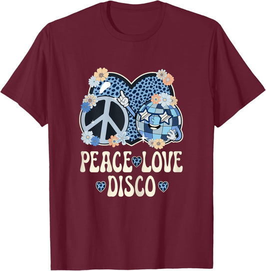 Peace Love Disco Outfit Cheetah Print Women Girls 70s Disco T-Shirt - T-Shirt | Maroon