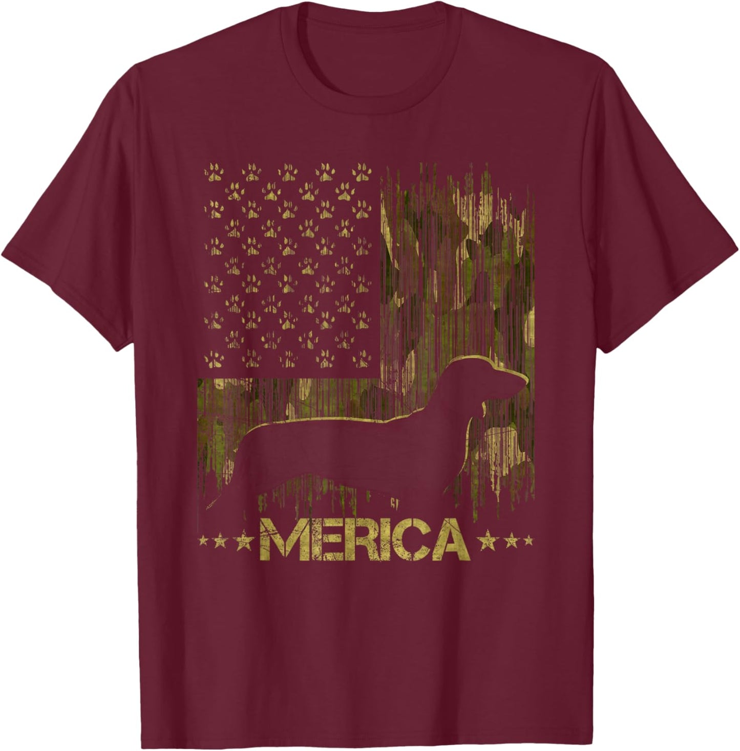 Vintage Camouflage USA Flag Merica Dachshund Dog Silhouette Men Women Kids T-Shirt - T-Shirt | Maroon