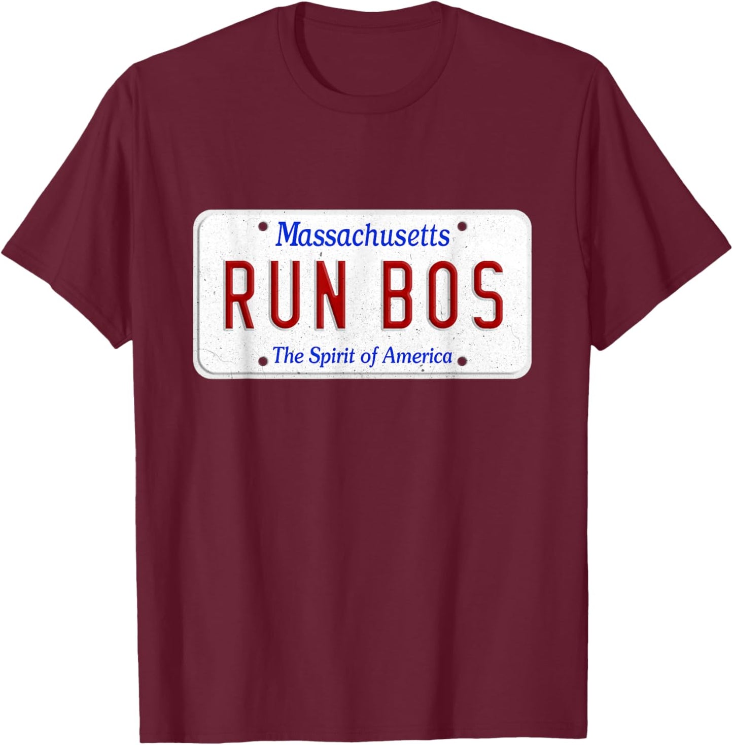 Run Bos Boston Mass Running Distance Runner license plate T-Shirt - T-Shirt | Maroon