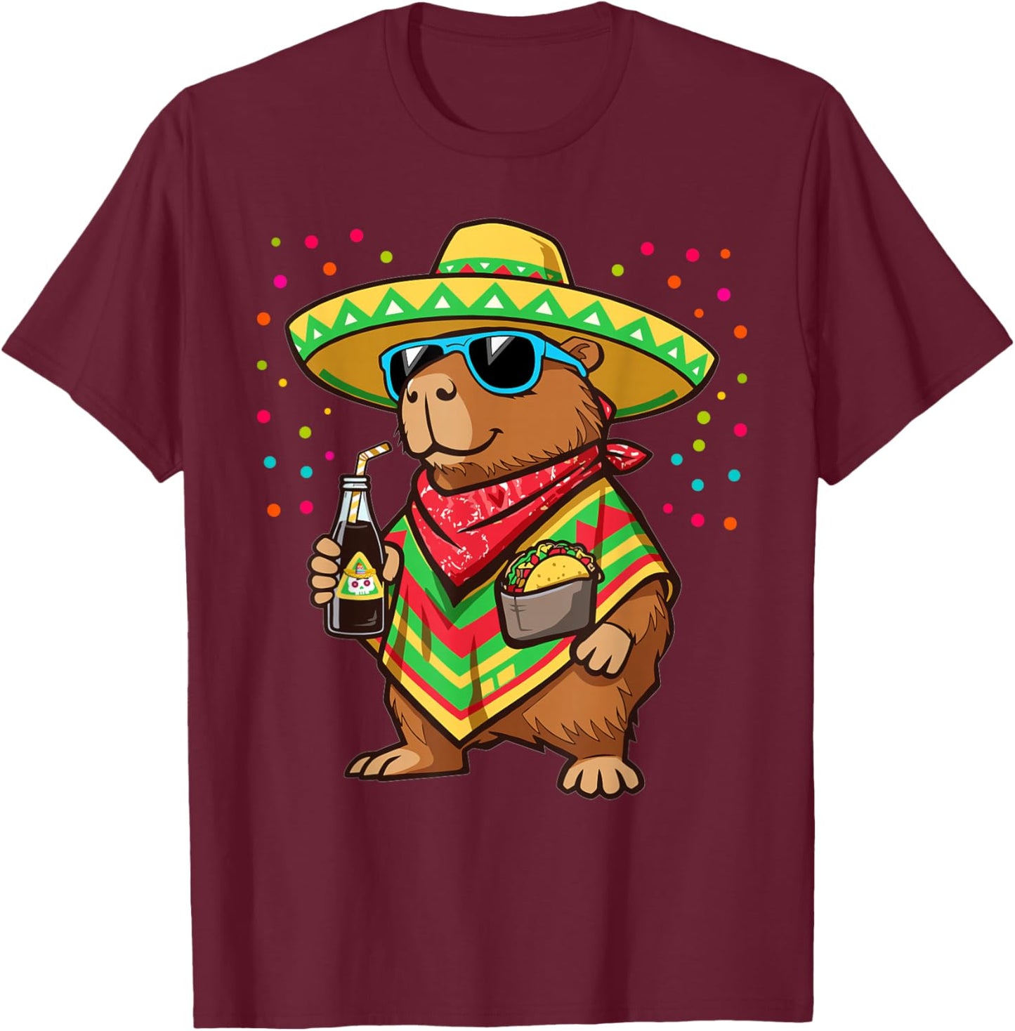Funny Cinco De Mayo Capybara Sombrero Taco Fiesta Mexican T-Shirt - T-Shirt | Maroon