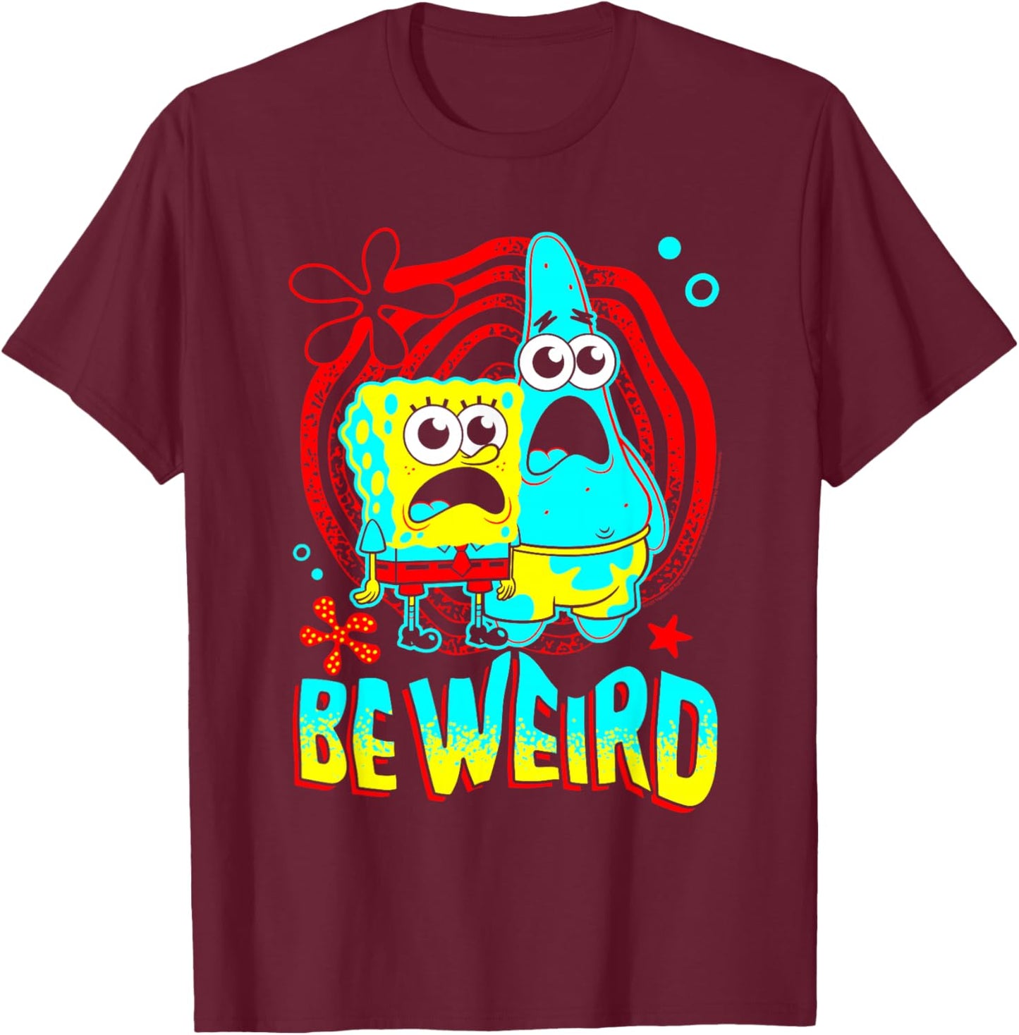 Spongebob and Patrick Be Weird Wavy Text Funny Cartoon T-Shirt - T-Shirt | Maroon