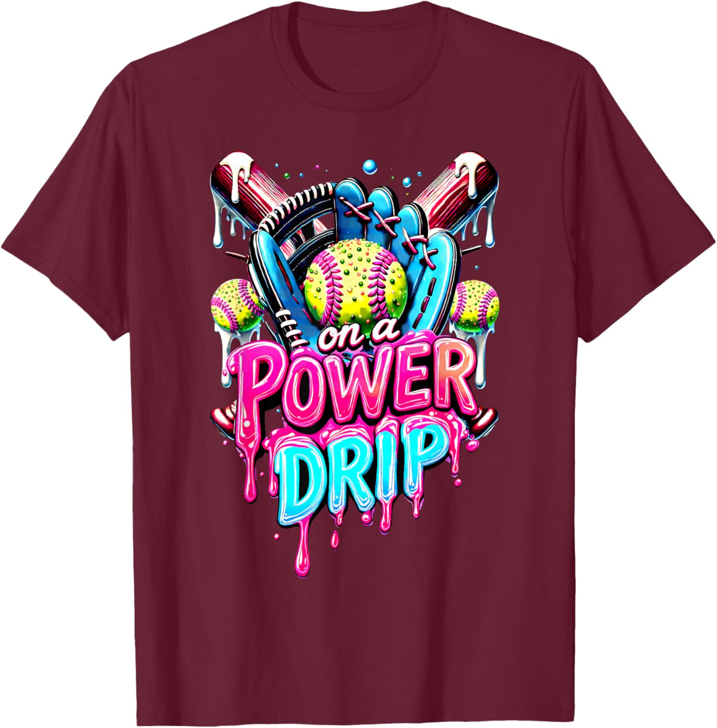 On A Power Drip Softball Ice Cream Dripping With Sprinkles T-Shirt - T-Shirt | Maroon