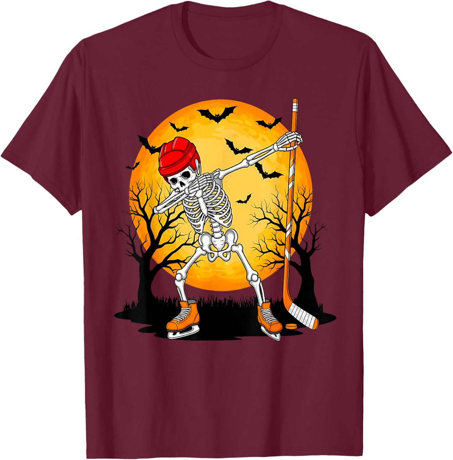 Skeleton Ice Hockey Halloween Boys Dabbing Hockey T-Shirt - T-Shirt | Maroon