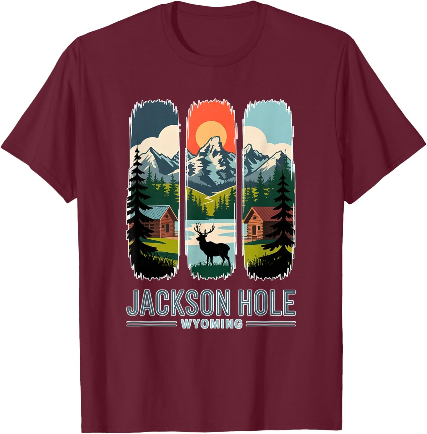 Jackson Hole Wyoming Elk Mountain Cabin Retro Travel Art T-Shirt - T-Shirt | Maroon