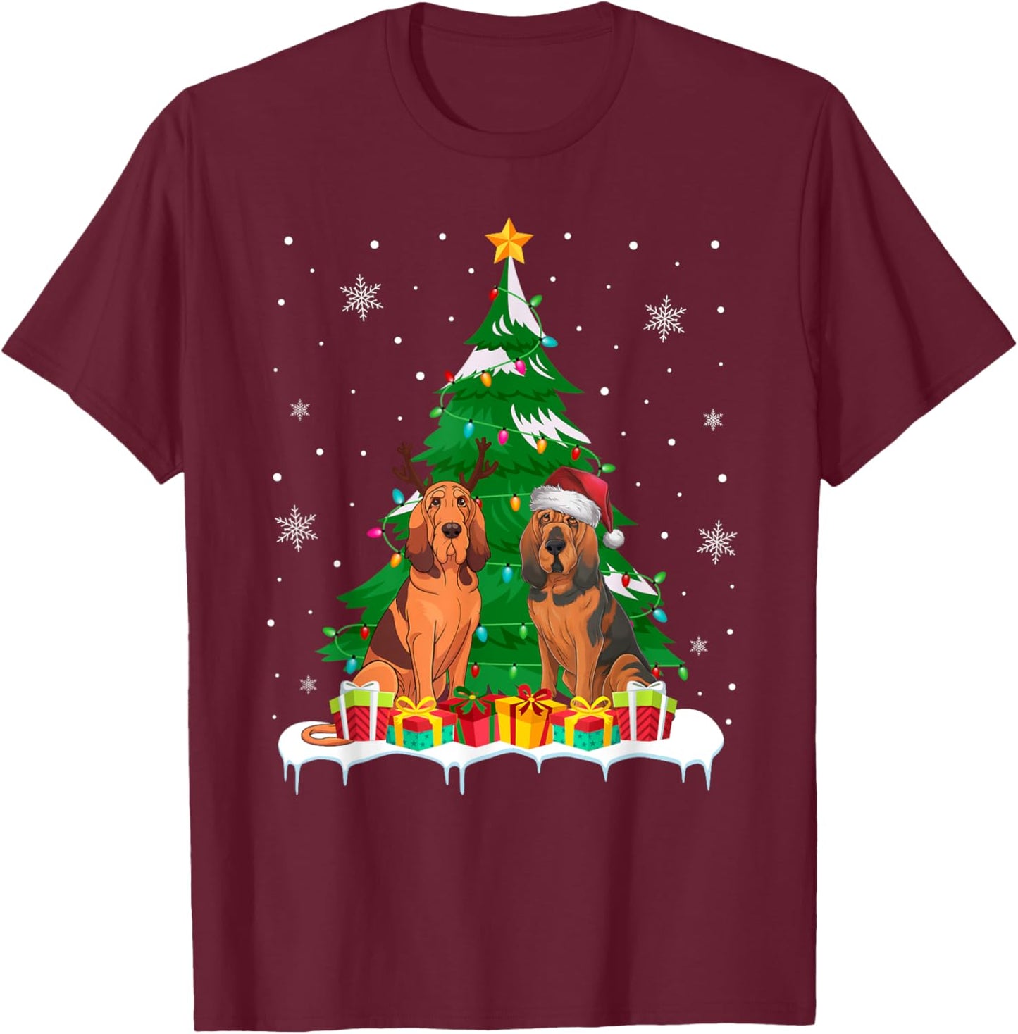 Bloodhound Dog Christmas Tree Lights Santa Reindeer Xmas PJs T-Shirt - T-Shirt | Maroon