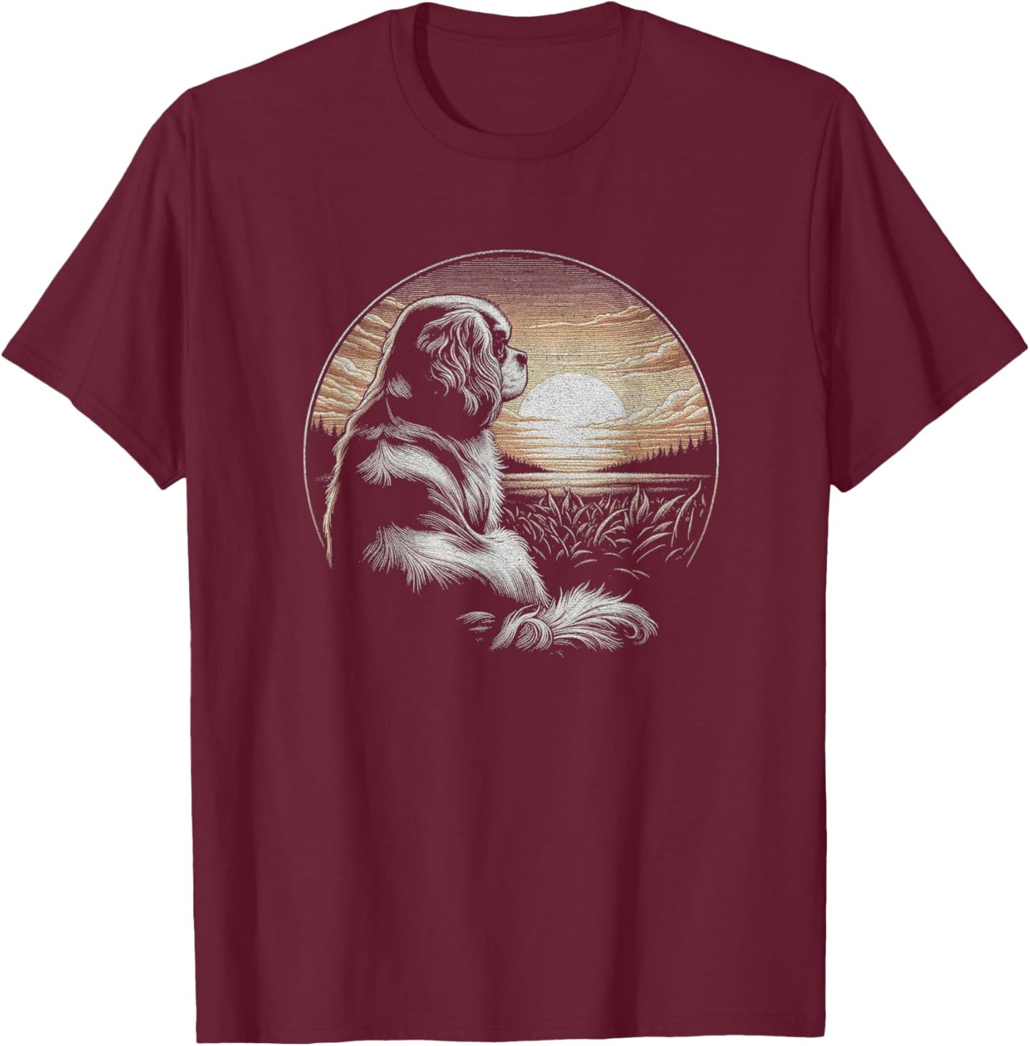 Vintage Cavalier King Charles Spaniel Retro Scene Design T-Shirt - T-Shirt | Maroon