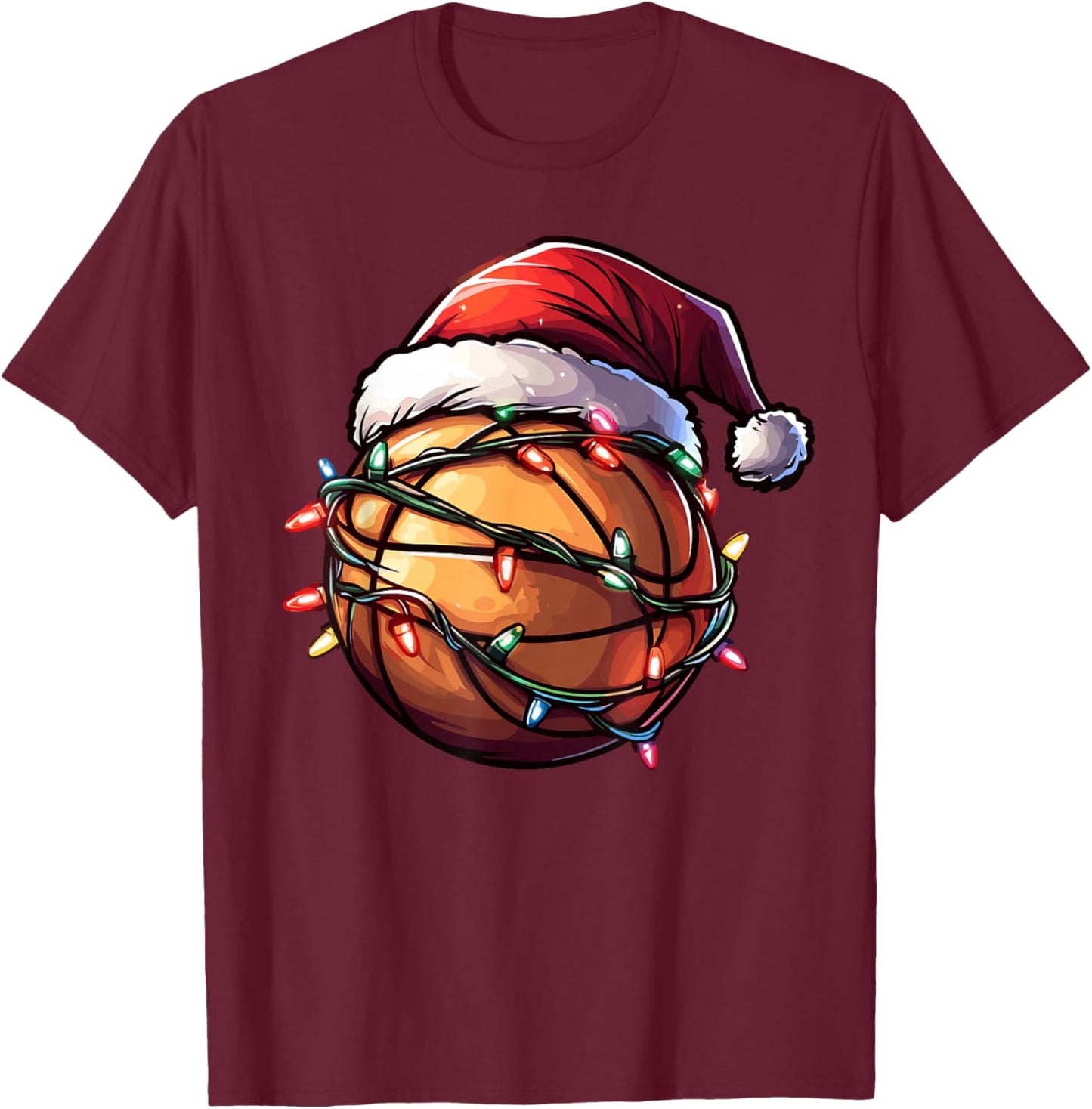 Basketball Christmas Lights Santa Hat Basketball Player Xmas T-Shirt - T-Shirt | Maroon