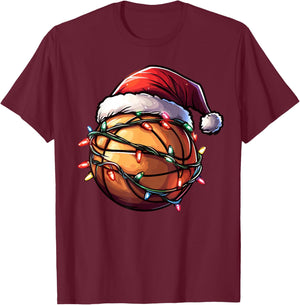 Basketball Christmas Lights Santa Hat Basketball Player Xmas T-Shirt - T-Shirt | Maroon