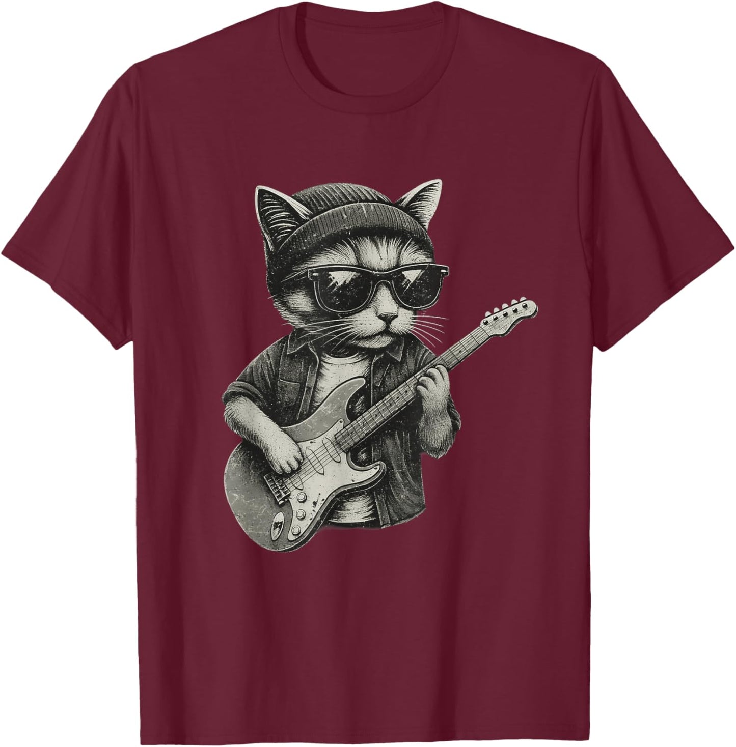 Chill Cat Playing Guitar Rock Music Funny Animal T-Shirt - T-Shirt | Maroon