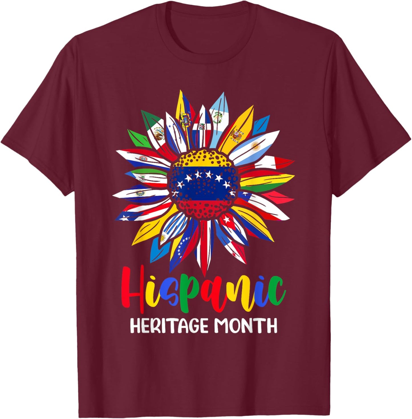 Hispanic Heritage Month Venezuela Flag Sunflower Latino Flag T-Shirt - T-Shirt | Maroon