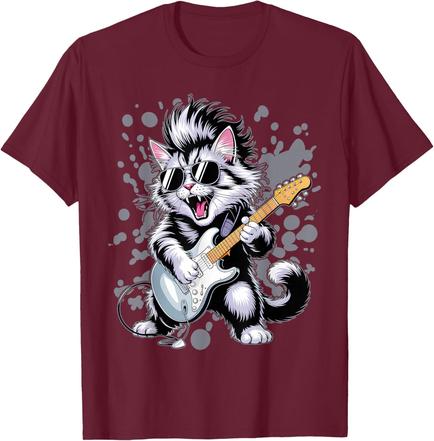 Rock Playing Animals Rocking Guitar Designs Cat Music T-Shirt - T-Shirt | Maroon