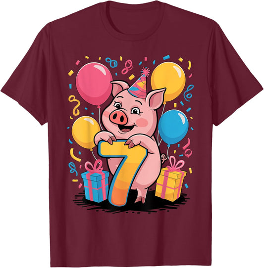 Pig 7th birthday for boy girl 7 years old seventh seven Pig T-Shirt - T-Shirt | Maroon