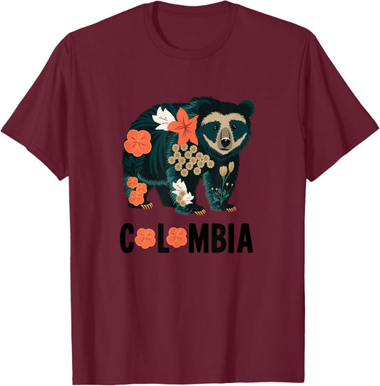 Spectacled Bear Colombia Floral Design - Colombian Nature T-Shirt - T-Shirt | Maroon