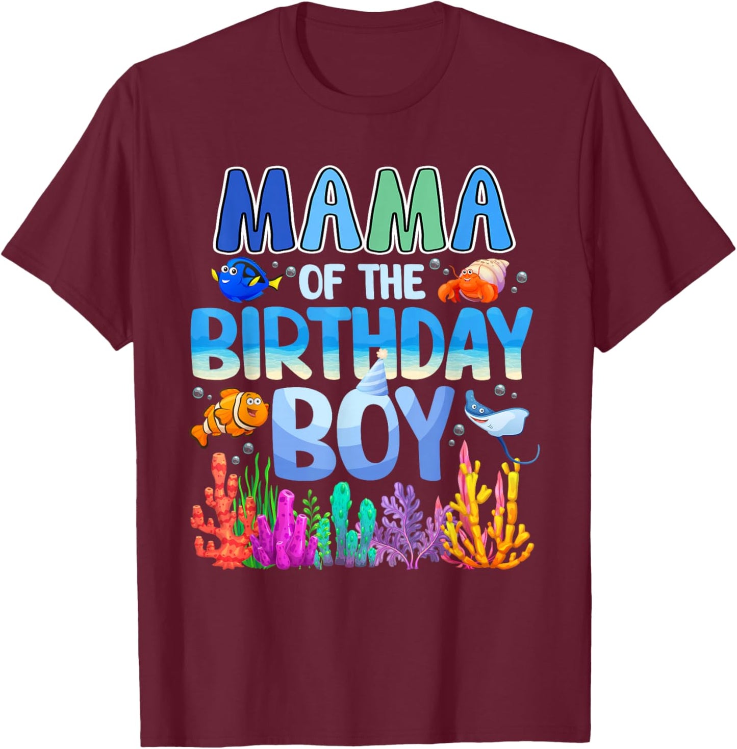 Mama of The Birthday Boy Aquarium Sea Animals Matching T-Shirt - T-Shirt | Maroon