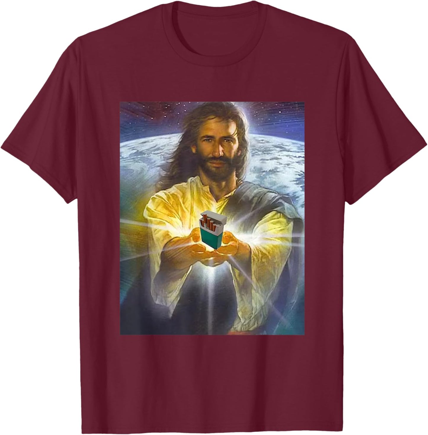 Jesus Holding Cigarettes Funny Jesus -Adults Black Short Sleeve Small T-Shirt - T-Shirt | Maroon