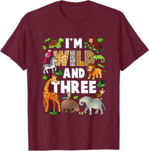 I'm Wild And Three 3 Year Old 3Rd Birthday Safari Jungle T-Shirt - T-Shirt | Maroon