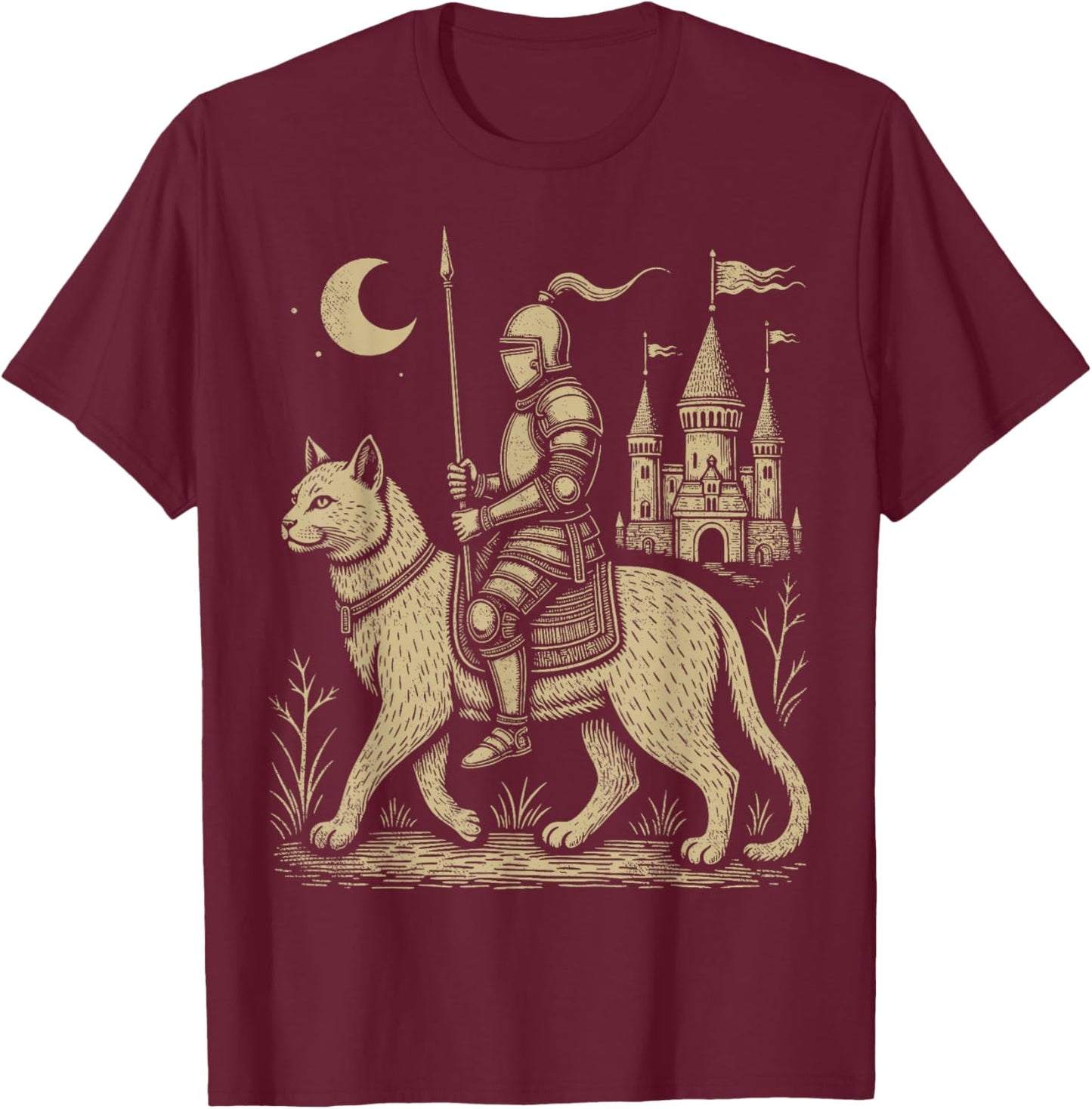 Weird Medieval Cat Middle Ages Armored Knight Riding Cat T-Shirt - T-Shirt | Maroon