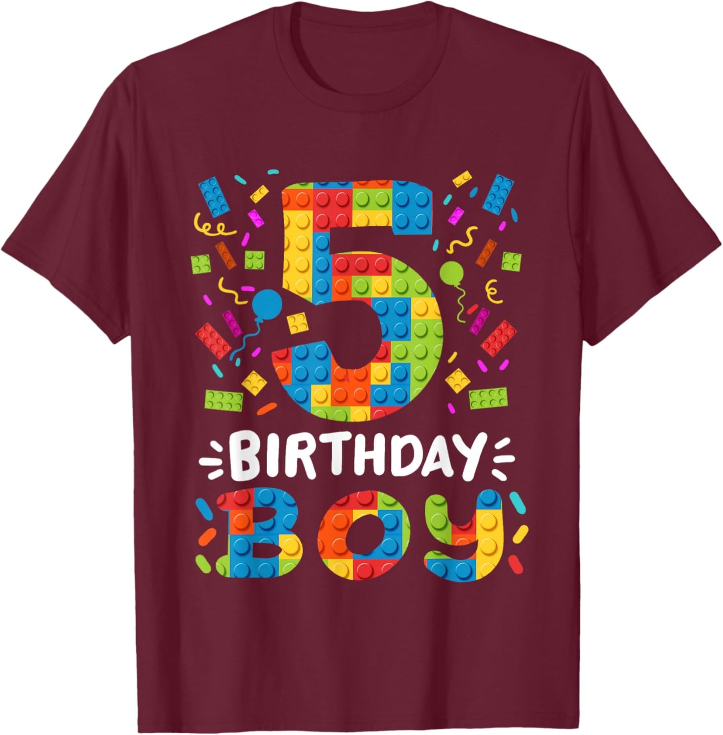 Kids 5 Years Old Building Blocks Builder 5th Birthday Boys T-Shirt - T-Shirt | Maroon