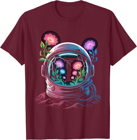 Astronaut Helmet Glowing Flowers Space Bloom Future Art T-Shirt - T-Shirt | Maroon