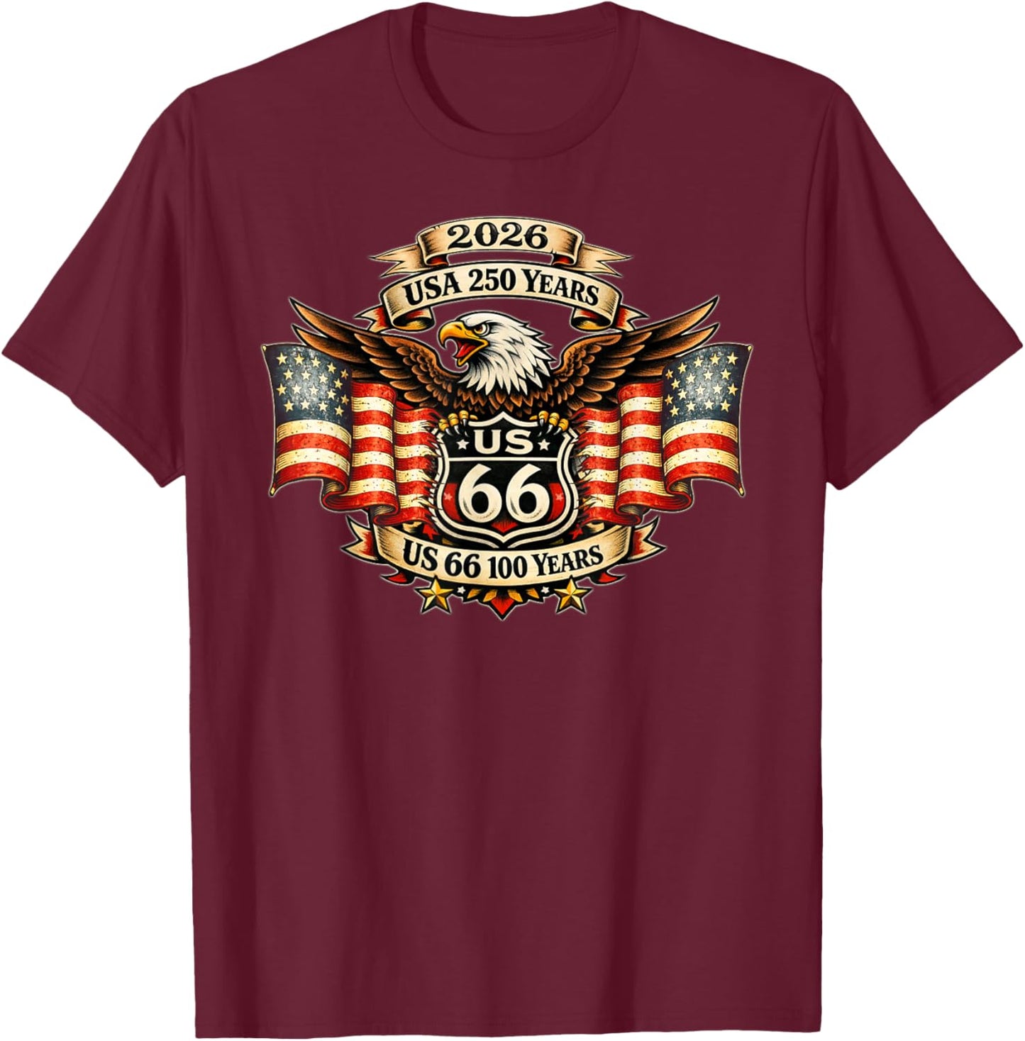 USA 250 US Highway 66 Mother Road Anniversary Adler Tattoo T-Shirt - T-Shirt | Maroon