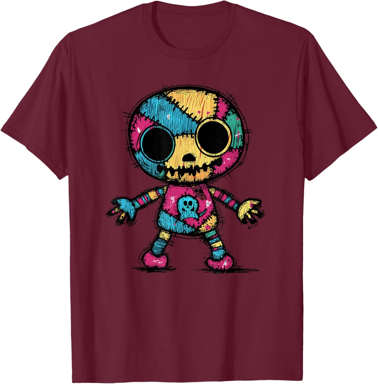 Colorful Skull Patchwork Skeleton Art T-Shirt - T-Shirt | Maroon