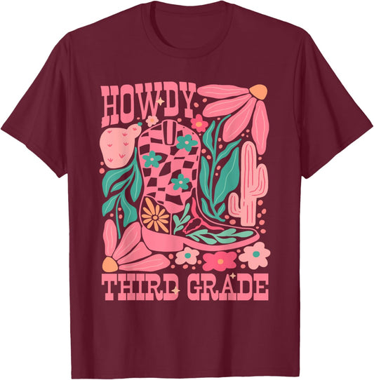Western Howdy Third Grade Back To School 3rd Grade Teacher T-Shirt - T-Shirt | Maroon
