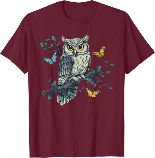 Cute Cottagecore Aesthetic Owl Butterfly T-Shirt - T-Shirt | Maroon