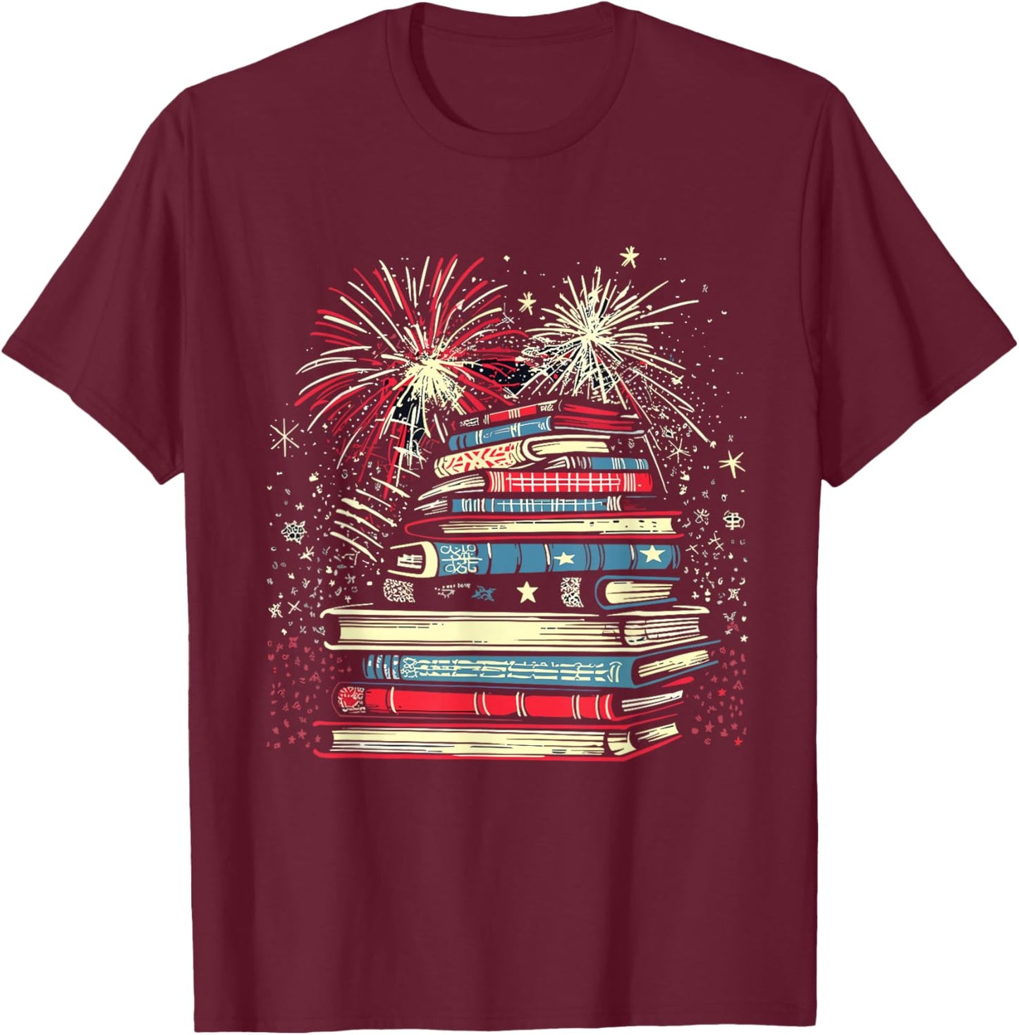 Books Fireworks 4th Of July Bookworm Patriotic Reader T-Shirt - T-Shirt | Maroon