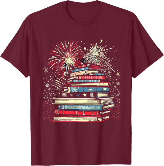 Books Fireworks 4th Of July Bookworm Patriotic Reader T-Shirt - T-Shirt | Maroon