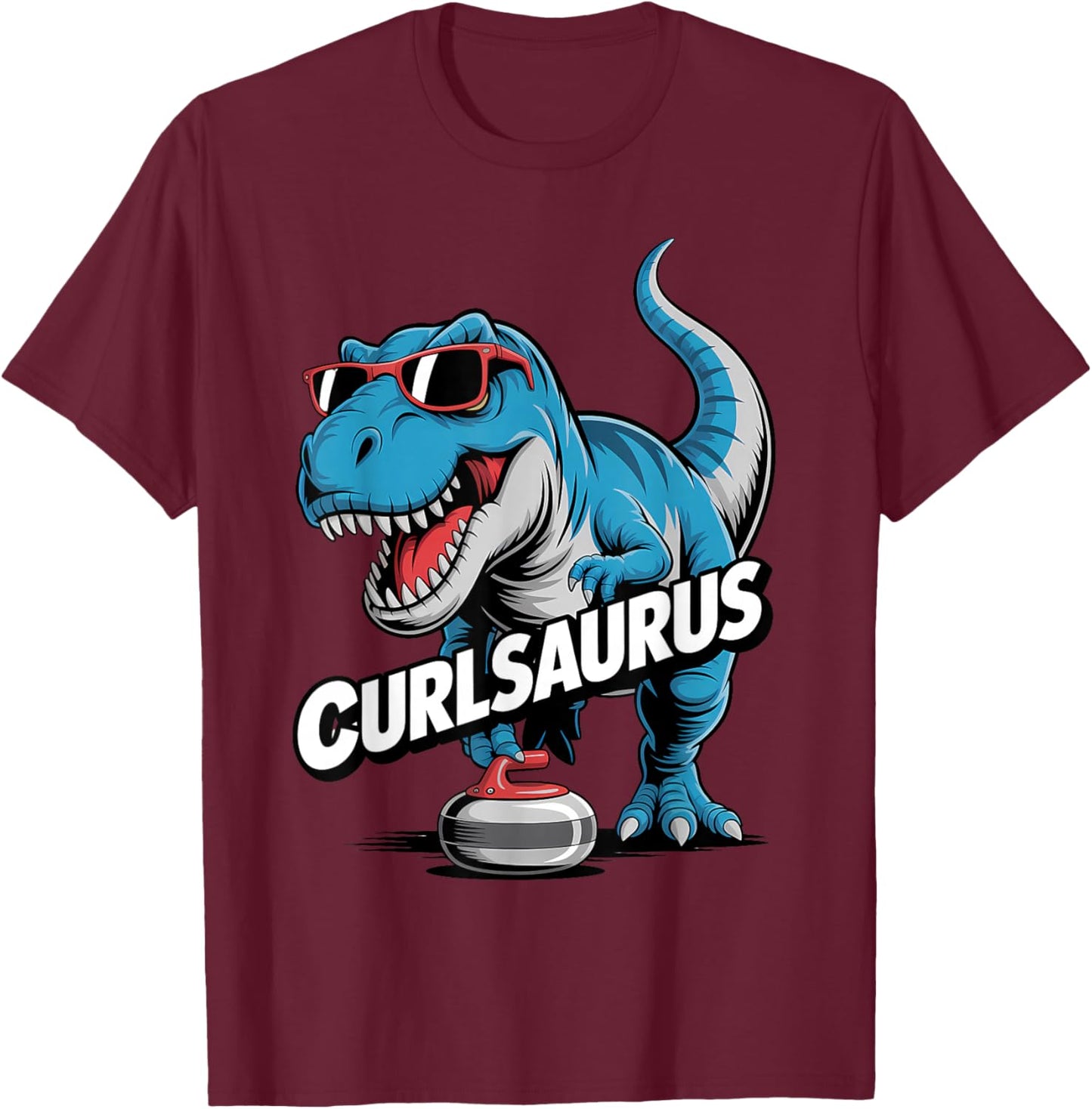 Ice Curling Player T-Rex Dino Funny Curling Dinosaur T-Shirt - T-Shirt | Maroon