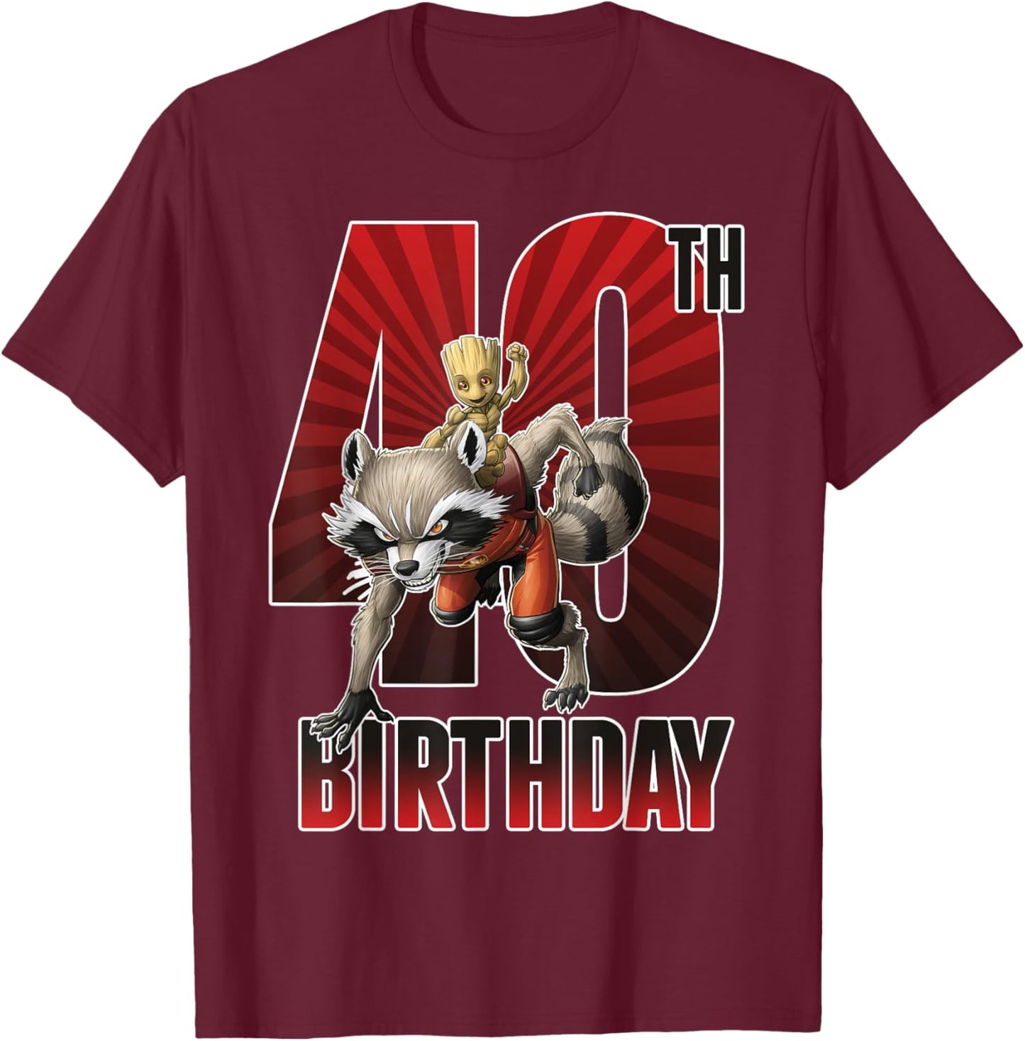 40. Geburtstag von Marvel Rocket und Baby Groot T-Shirt - T-Shirt | Maroon