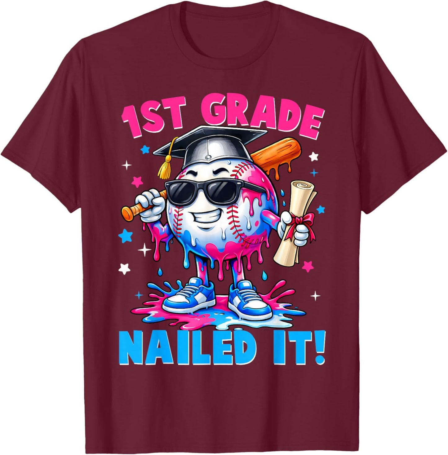 1st Grade Nailed It 2026 Baseball Drip Graduation Kids Boys T-Shirt - T-Shirt | Maroon