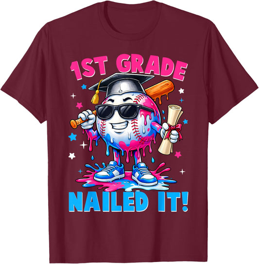 1st Grade Nailed It 2026 Baseball Drip Graduation Kids Boys T-Shirt - T-Shirt | Maroon