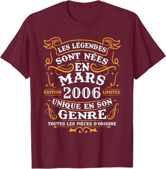 Vintage Birthday Gift 20 Years Born in March 2006 T-Shirt - T-Shirt | Maroon
