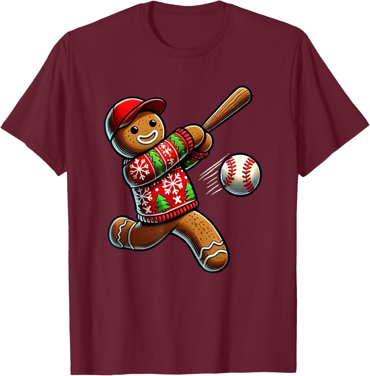 Baseball Christmas Gingerbread Man Baseball Ugly Christmas T-Shirt - T-Shirt | Maroon