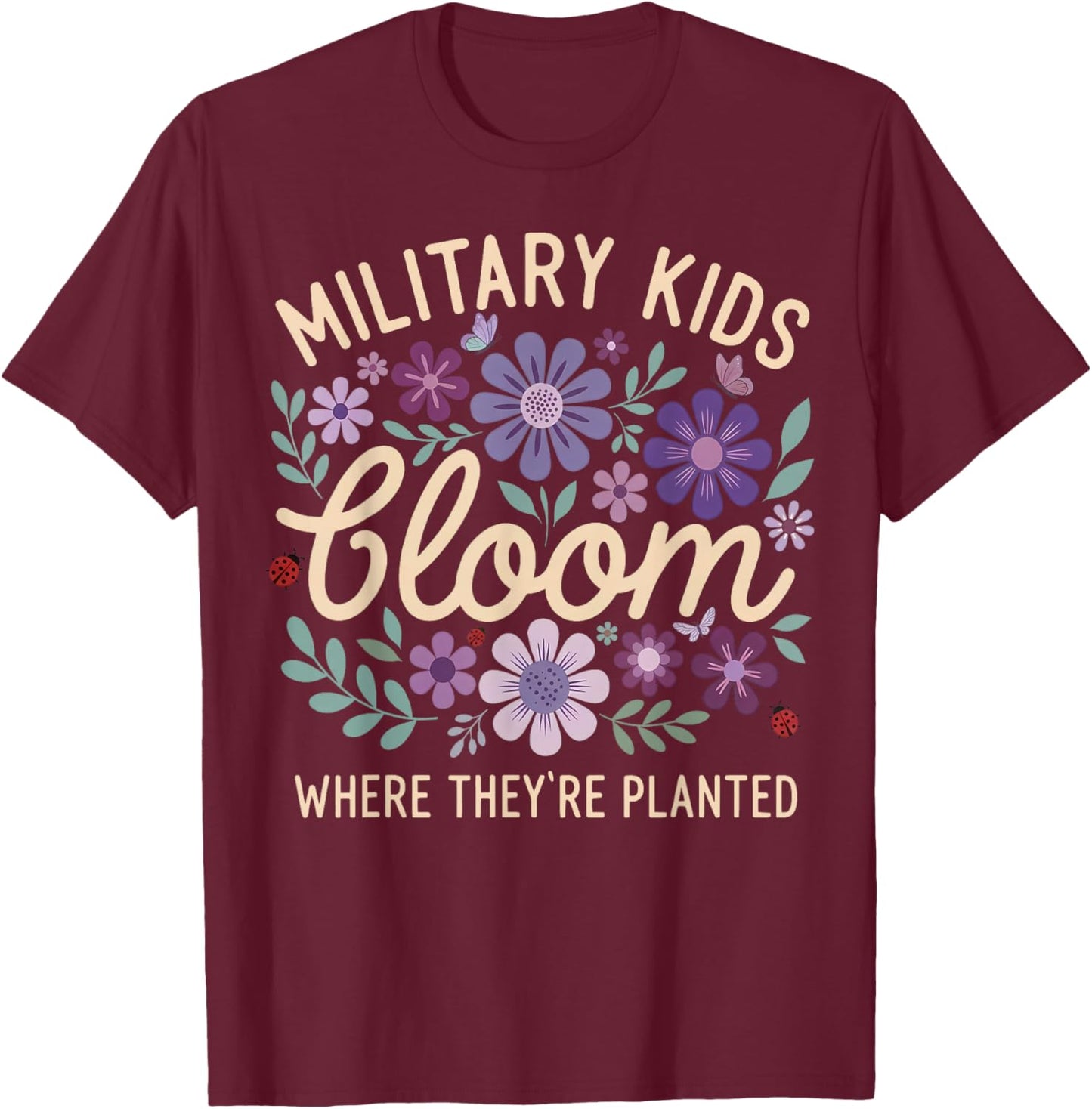 Military Kid Dandelion Bloom Where They're Planted Purple Up T-Shirt - T-Shirt | Maroon