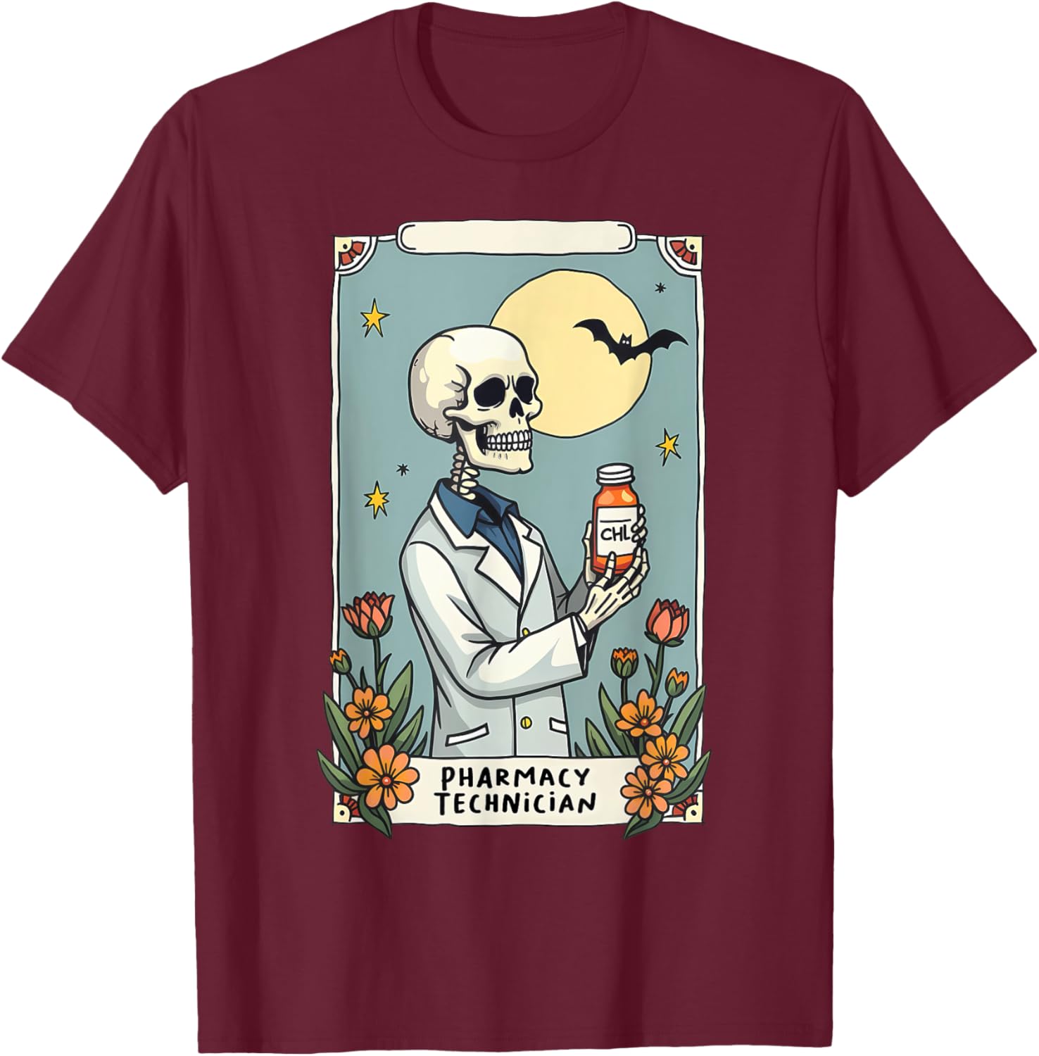 Floral Skeleton Skeleton Tarot Card Pharmacy Technician T-Shirt - T-Shirt | Maroon