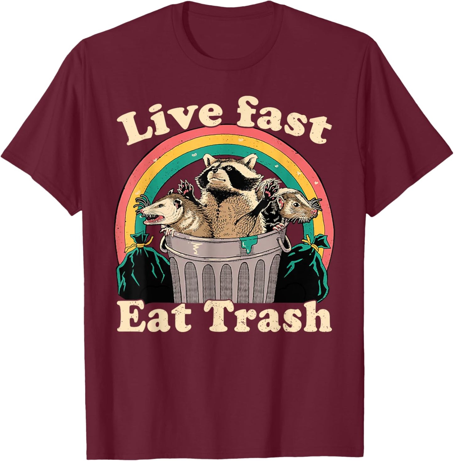 Opossum Raccoon Skunk Live Fast Eat Trash Street Cats Squad T-Shirt - T-Shirt | Maroon