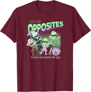 Solar Opposites Character Group Weird Neighbors Cartoon T-Shirt - T-Shirt | Maroon