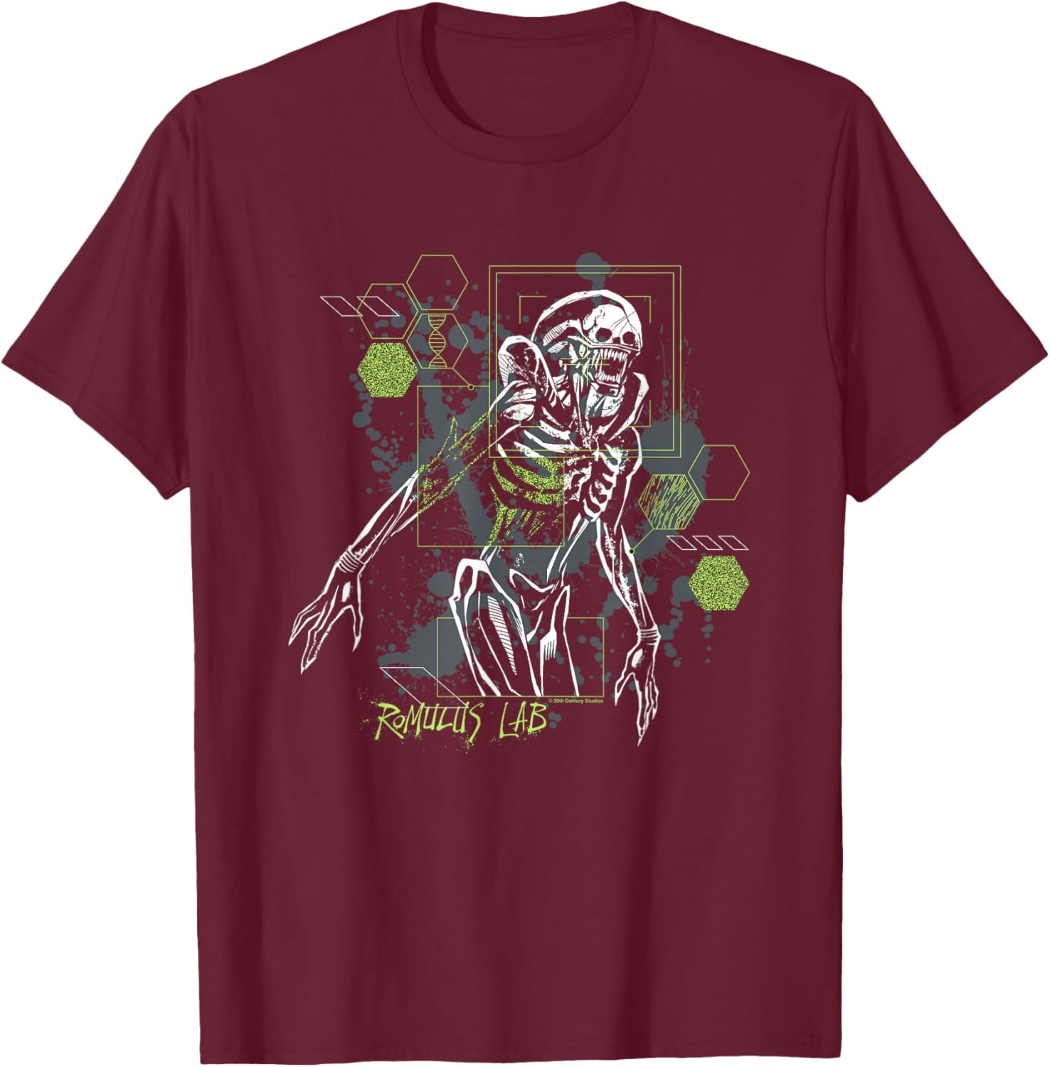 Alien: Romulus Distressed Neon Romulus Lab Schematic T-Shirt - T-Shirt | Maroon