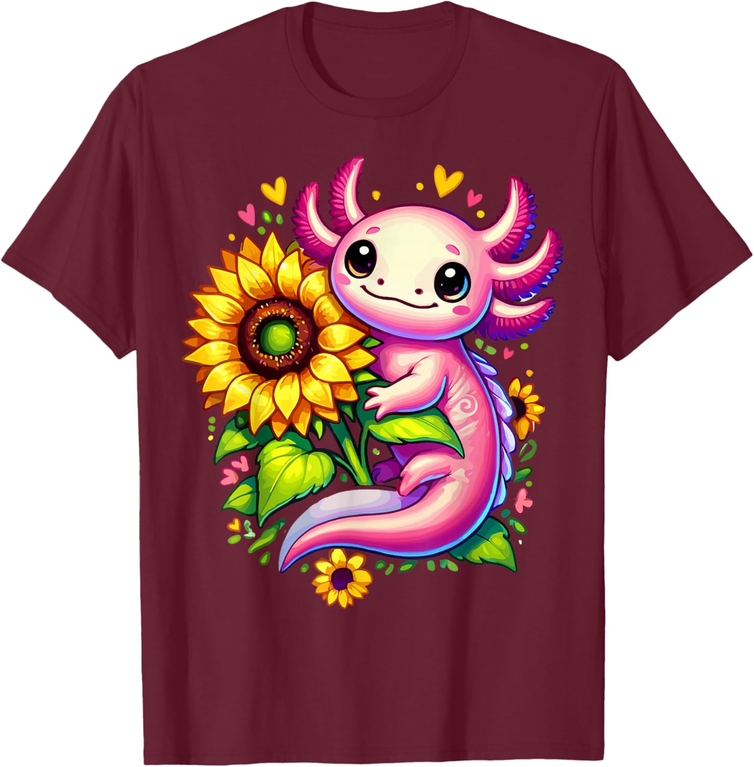Colorful Axolotl Sunflower Kawaii T-Shirt - T-Shirt | Maroon