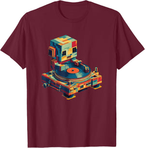Cute DJ Robot with Retro Turntable T-Shirt - T-Shirt | Maroon