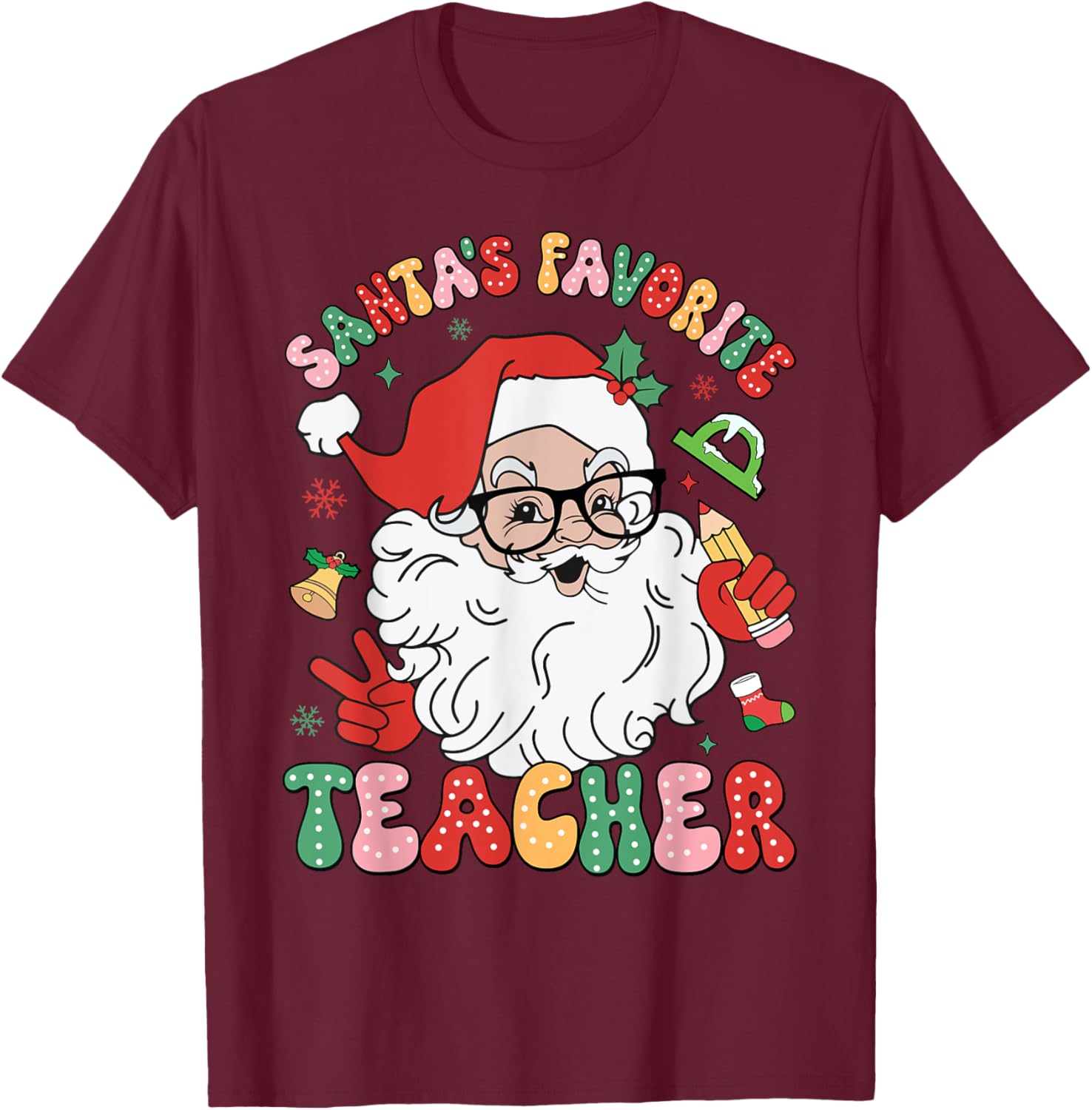 Santa Favorite Teacher Groovy Christmas Teacher Boys Girls T-Shirt - T-Shirt | Maroon