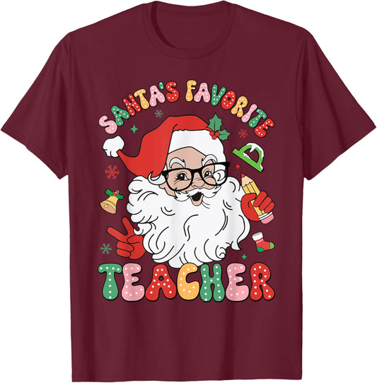 Santa Favorite Teacher Groovy Christmas Teacher Boys Girls T-Shirt - T-Shirt | Maroon