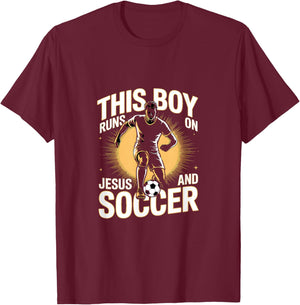This Boy Runs On Jesus and Soccer Christian Soccer T-Shirt - T-Shirt | Maroon