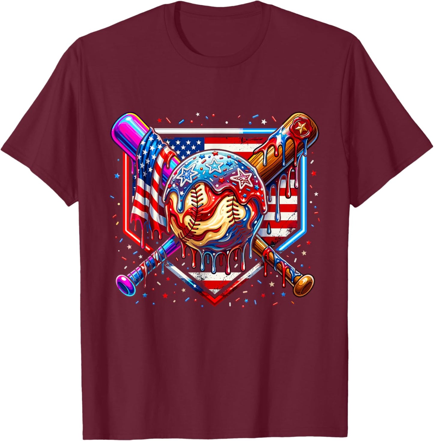 Baseball Drip American Flag for Boys Kids Youth 4th of July T-Shirt - T-Shirt | Maroon