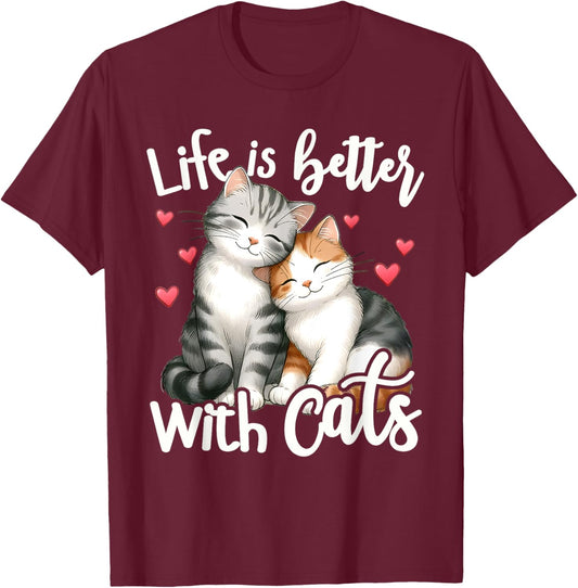 Cute Cat Life is Better with Cats Valentine’s Cat Lover Kids T-Shirt - T-Shirt | Maroon